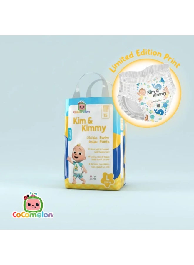 Kim & Kimmy Swim Diaper Pants, Size L, 9-14 kg / 6-12 Months, 15 Pants - Leak Protection, No Swelling, No Rashes, Ultra-Soft & Comfy - Cruelty Free & Vegan - Image 1