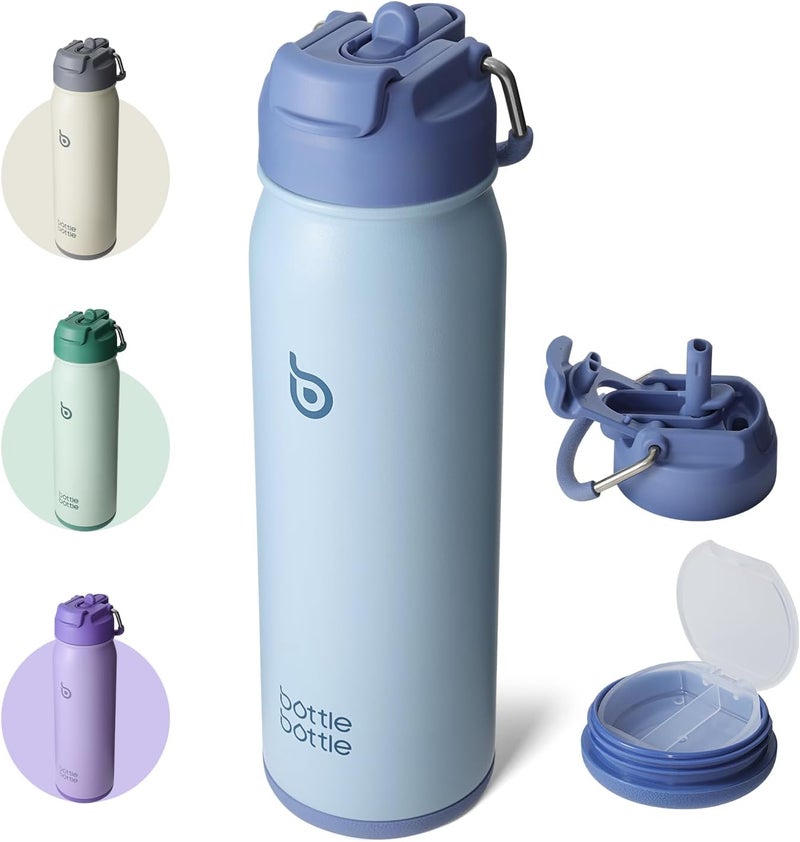 bottle bottle زجاجة زجاجة 24 أونصة من الفولاذ المقاوم للصدأ المعزول مع قشة وحامل حبوب - أزرق - Image 1
