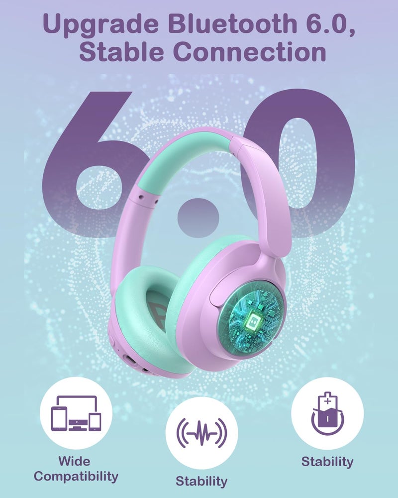Qozybuds Hybrid Active Noise Cancelling Headphones for Kids, Wireless Bluetooth 6.0 Headset, 100H Playtime, Built-in Mic, Type-C Fast Charging, 94dBA Safe Volume, Colorful LED Lighting - Image 4