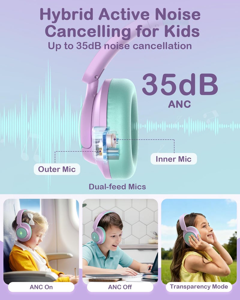 Qozybuds Hybrid Active Noise Cancelling Headphones for Kids, Wireless Bluetooth 6.0 Headset, 100H Playtime, Built-in Mic, Type-C Fast Charging, 94dBA Safe Volume, Colorful LED Lighting - Image 2