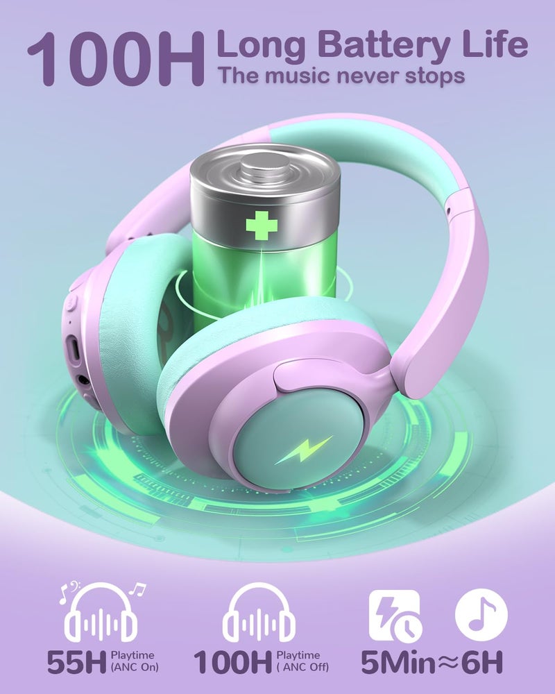 Qozybuds Hybrid Active Noise Cancelling Headphones for Kids, Wireless Bluetooth 6.0 Headset, 100H Playtime, Built-in Mic, Type-C Fast Charging, 94dBA Safe Volume, Colorful LED Lighting - Image 5