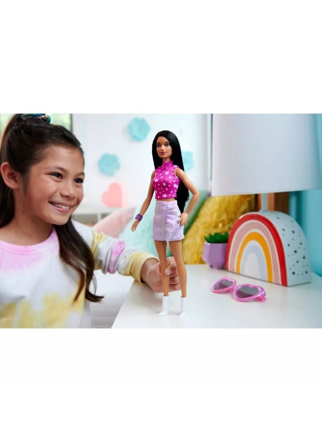 Barbie - Barbie 65th Anniversary Fashionistas #215 Black Straight Hair Doll with Iridescent Skirt - Image 1