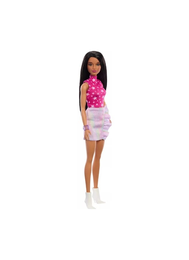 Barbie - Barbie 65th Anniversary Fashionistas #215 Black Straight Hair Doll with Iridescent Skirt - Image 1