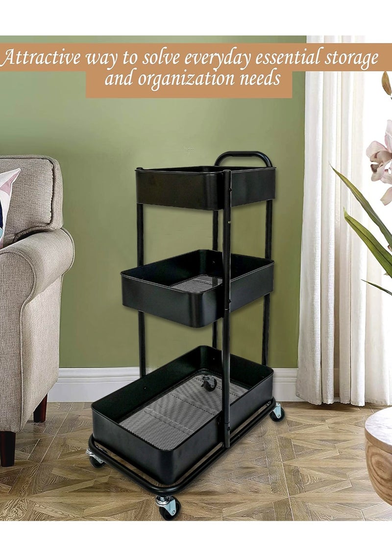 3 Tier Multi-Functional Moveable Wheels Rolling Metal Utility Cart Storage Organizer Shelves Basket Easy Assembly for Bathroom, Kitchen, Office - Image 1