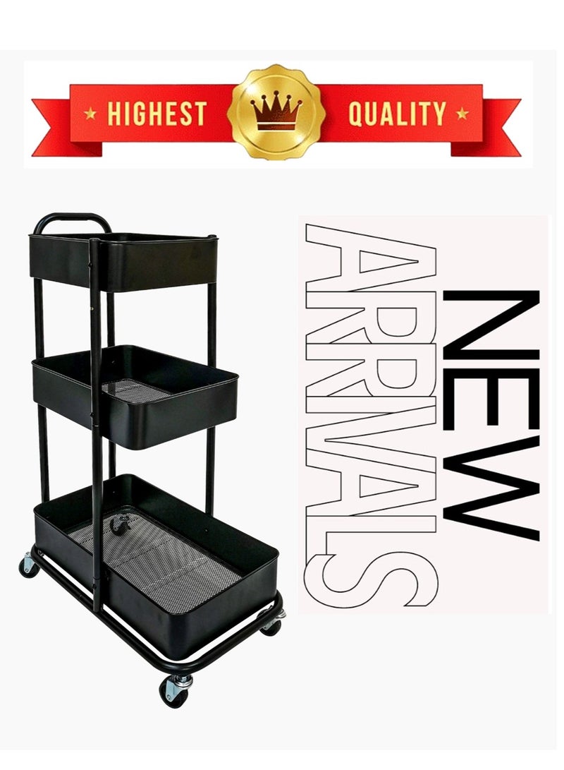 3 Tier Multi-Functional Moveable Wheels Rolling Metal Utility Cart Storage Organizer Shelves Basket Easy Assembly for Bathroom, Kitchen, Office - Image 2