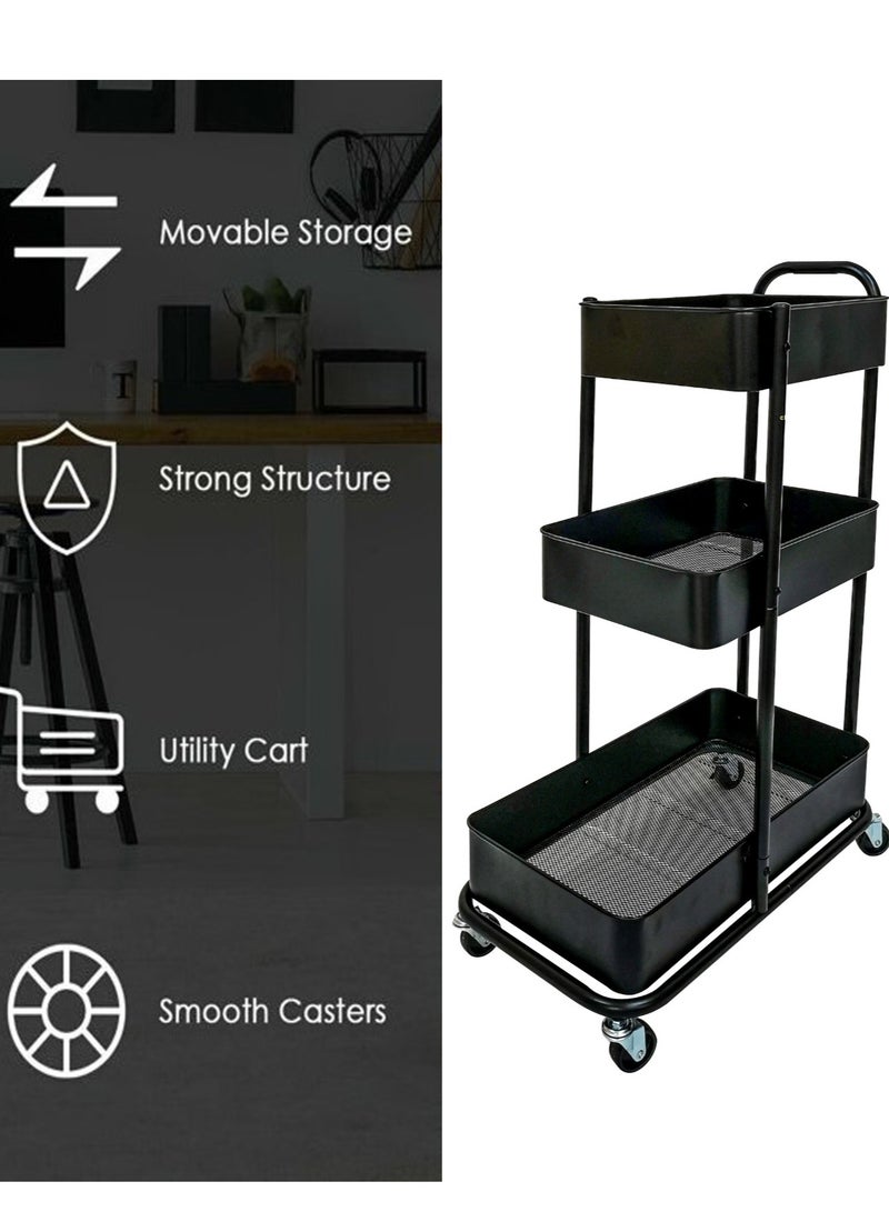 3 Tier Multi-Functional Moveable Wheels Rolling Metal Utility Cart Storage Organizer Shelves Basket Easy Assembly for Bathroom, Kitchen, Office - Image 4