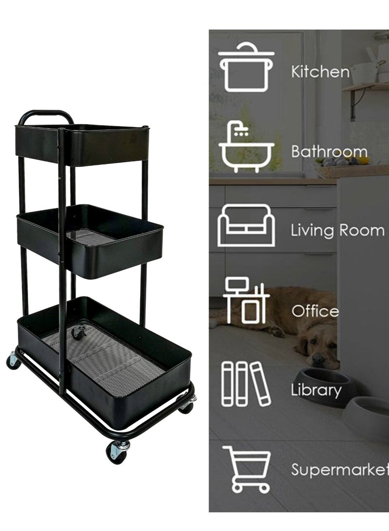3 Tier Multi-Functional Moveable Wheels Rolling Metal Utility Cart Storage Organizer Shelves Basket Easy Assembly for Bathroom, Kitchen, Office - Image 5