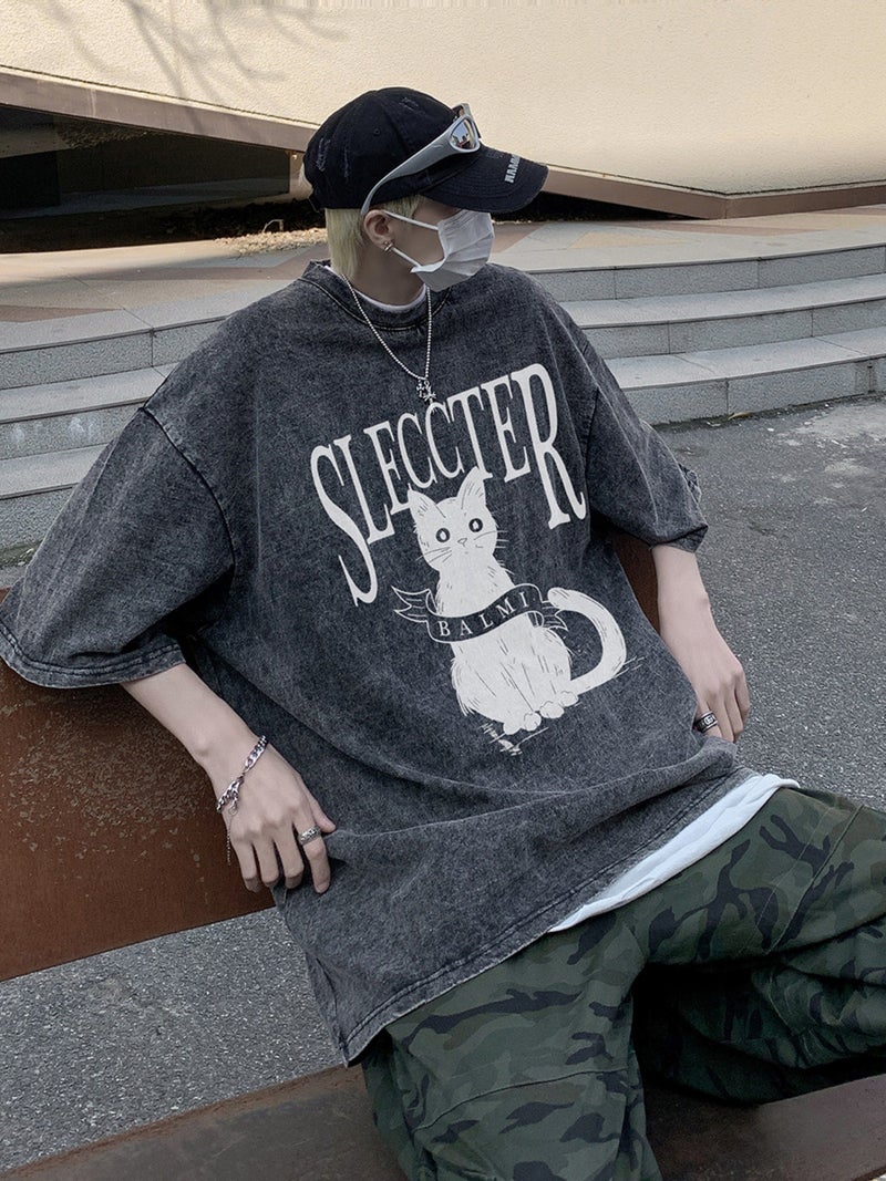 New Short-Sleeved T-Shirt Men'S Heavy-Weight Washed Gradient Round Neck Top High-Weight Trendy Brand All-Match Loose T-Shirt Duffy Handsome Trendy - Image 1