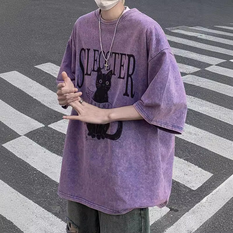New Short-Sleeved T-Shirt Men'S Heavy-Weight Washed Gradient Round Neck Top High-Weight Trendy Brand All-Match Loose T-Shirt Duffy Handsome Trendy - Image 2