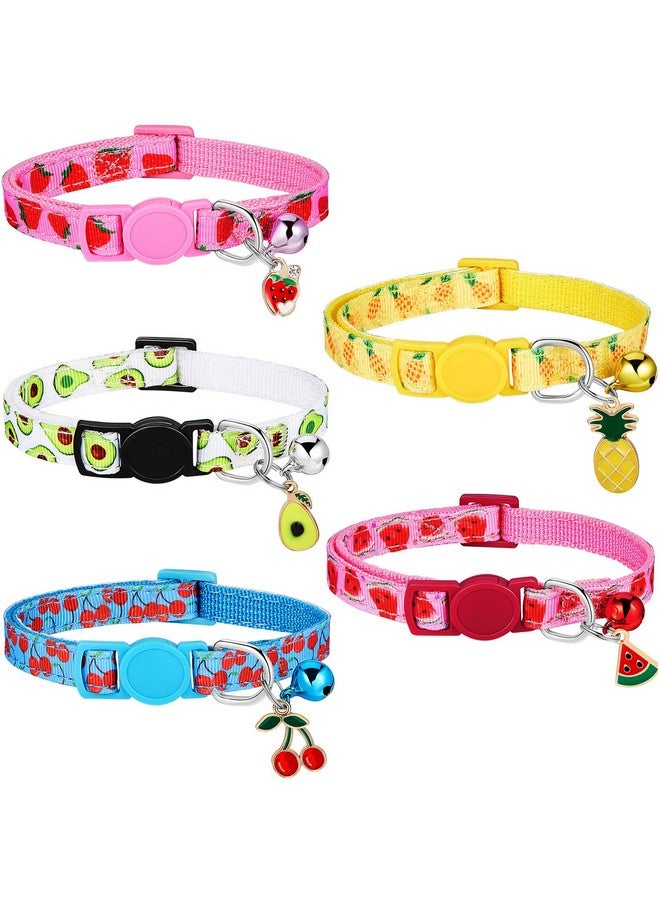 Weewooday 5 Pieces Breakaway Cat Collars With Bell Colorful Summer Fruit Style Adjustable Pet Collar With Pineapple Watermelon Cherry Strawberry Avocado Patterns For Kitten Kitty Cat Tropical Hawaii Party (S) - Image 1