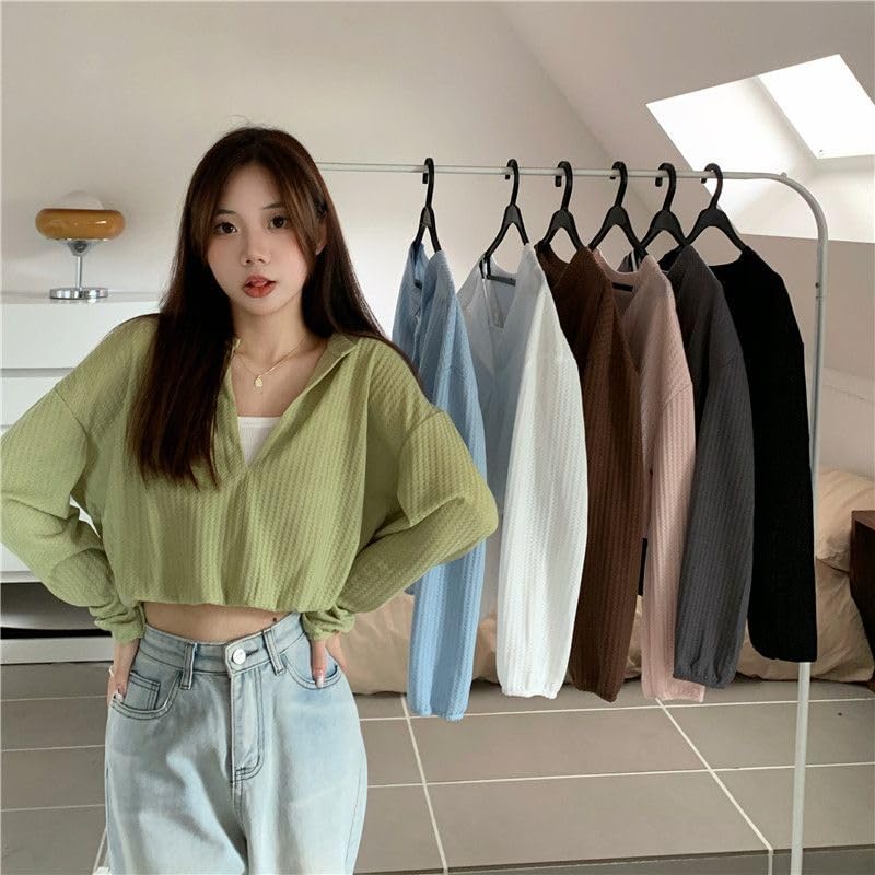 ICW Women's French Chic V-Neck Knitted Fake Two-Piece Suspenders Long Sleeves Crop Top T-Shirt DN55 (Brown) - Image 2