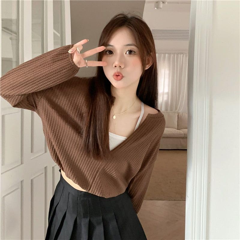 ICW Women's French Chic V-Neck Knitted Fake Two-Piece Suspenders Long Sleeves Crop Top T-Shirt DN55 (Brown) - Image 4