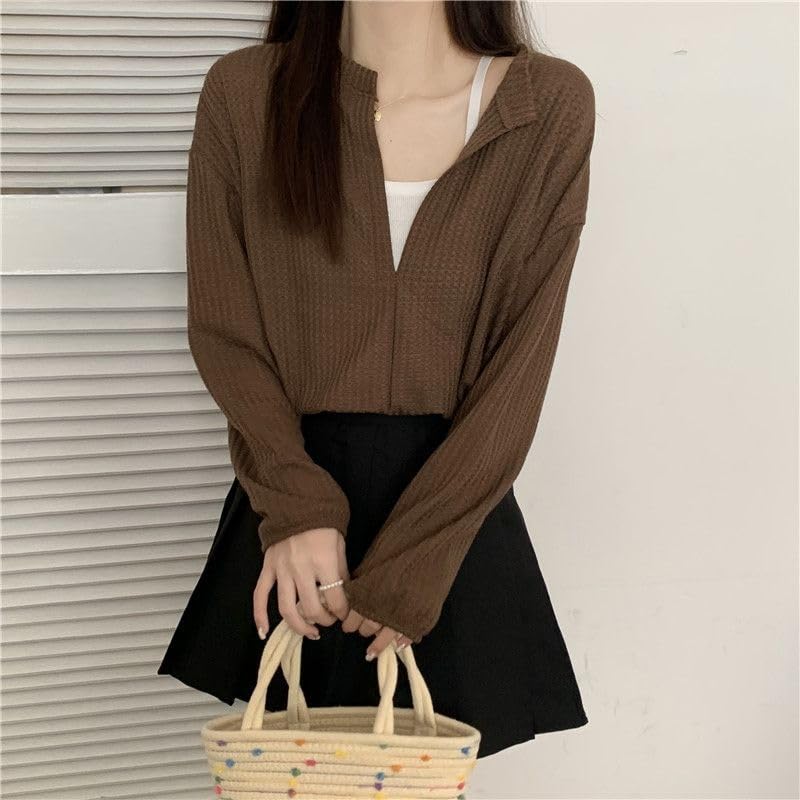 ICW Women's French Chic V-Neck Knitted Fake Two-Piece Suspenders Long Sleeves Crop Top T-Shirt DN55 (Brown) - Image 3