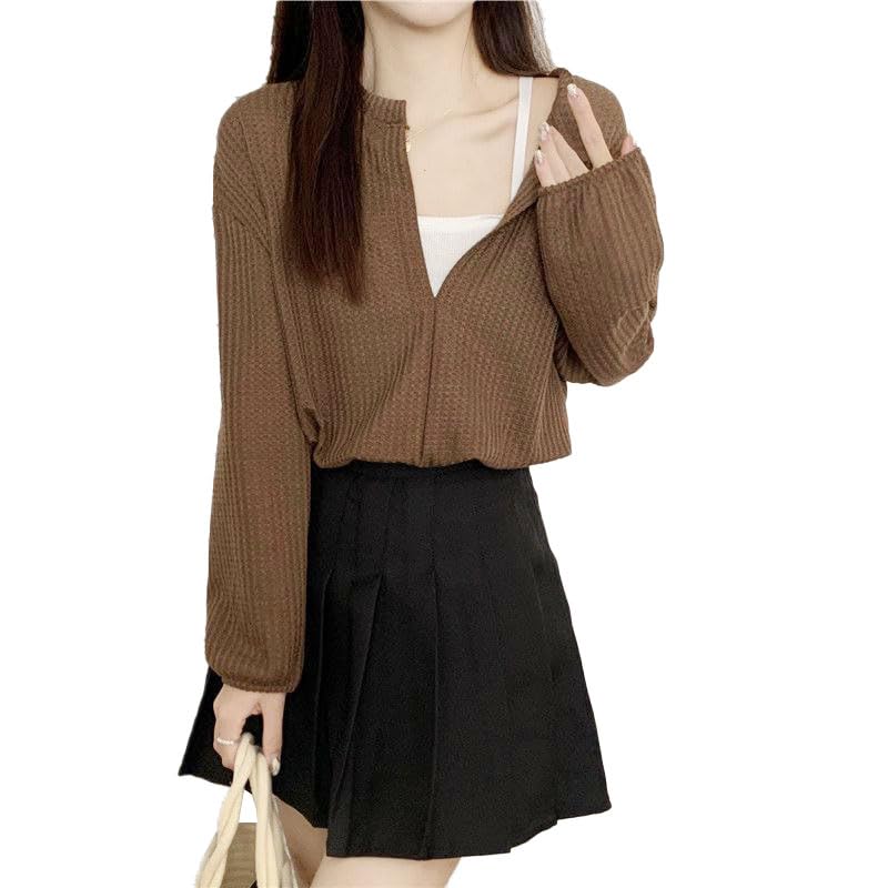 ICW Women's French Chic V-Neck Knitted Fake Two-Piece Suspenders Long Sleeves Crop Top T-Shirt DN55 (Brown) - Image 1
