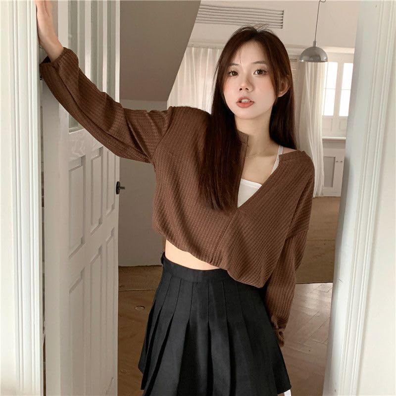 ICW Women's French Chic V-Neck Knitted Fake Two-Piece Suspenders Long Sleeves Crop Top T-Shirt DN55 (Brown) - Image 5