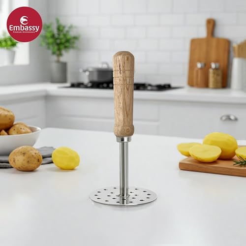 Embassy Stainless Steel Potato Masher with Wooden Handle Round | Size 4 | Diameter - 10 cms | Ideal for mashing Vegetable/Pav Bhaji/Baby Food | Smasher for Kitchen - Image 3