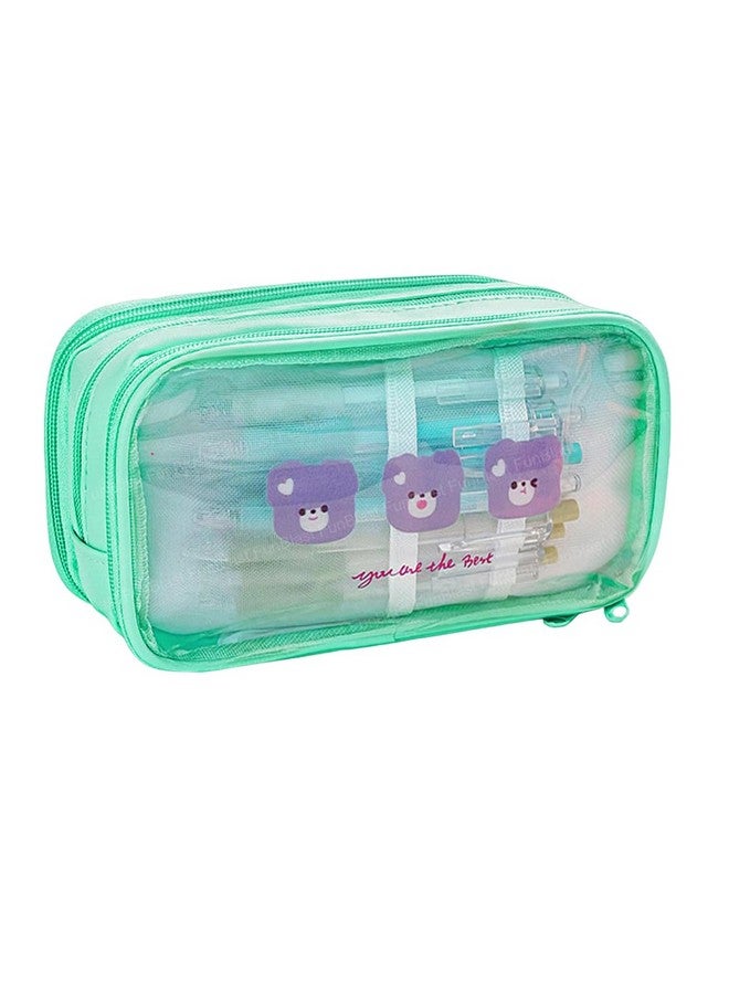 FunBlast Large Capacity Pencil Bag, 3 Compartment Transparent Pencil Pouch with Zipper Closure Portable Makeup Pouch, Aesthetic Pouch, Cute Stationery Bag for Students Girls Adults Office (Green) - Image 1