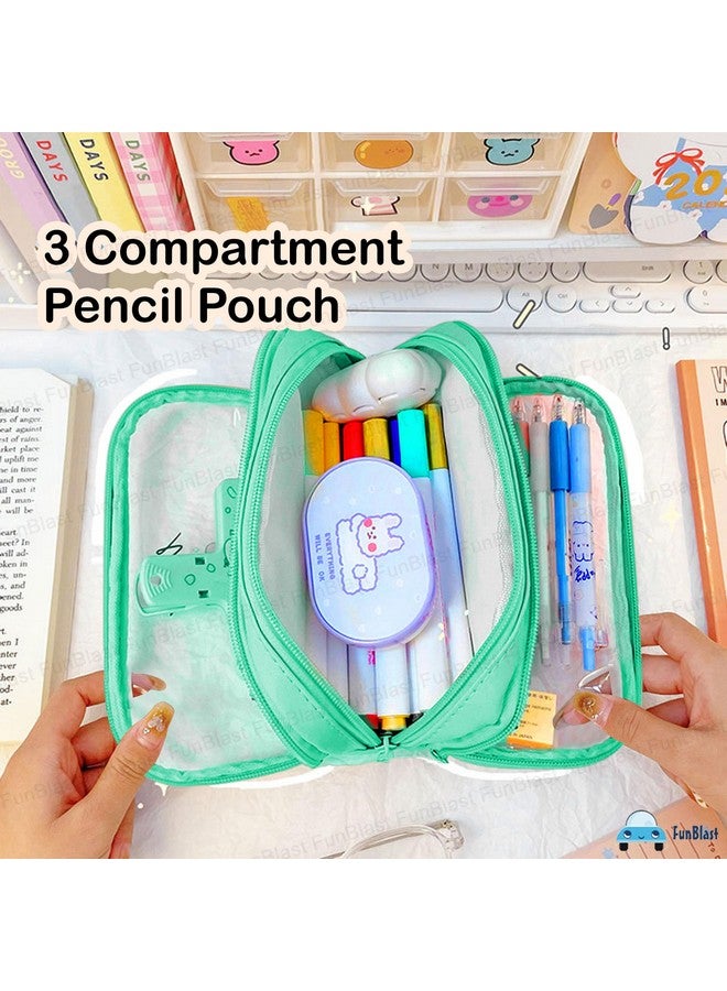 FunBlast Large Capacity Pencil Bag, 3 Compartment Transparent Pencil Pouch with Zipper Closure Portable Makeup Pouch, Aesthetic Pouch, Cute Stationery Bag for Students Girls Adults Office (Green) - Image 3