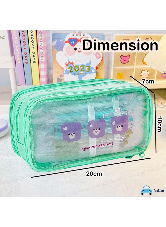 FunBlast Large Capacity Pencil Bag, 3 Compartment Transparent Pencil Pouch with Zipper Closure Portable Makeup Pouch, Aesthetic Pouch, Cute Stationery Bag for Students Girls Adults Office (Green) - Image 2