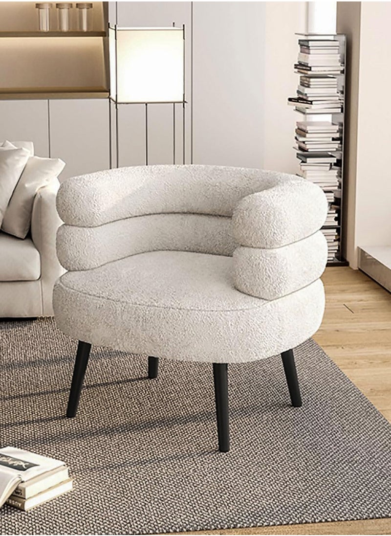 DBLEW - Modern Accent Chair Ergonomic Single Sofa Lounge Chair with Soft Foam Padding, Curved Backrest and Armrest, White Boucle Fabric Upholstery and Black Carbon Steel Legs Comfortable Vanity, Makeup Dressing, Living Room, Bedroom, Saloon Furniture, Home Office, Restaurant, Hotel Lobby, Café Reception Decoration Fluffy Side Corner Cozy Chair 150kg Capacity - Image 1