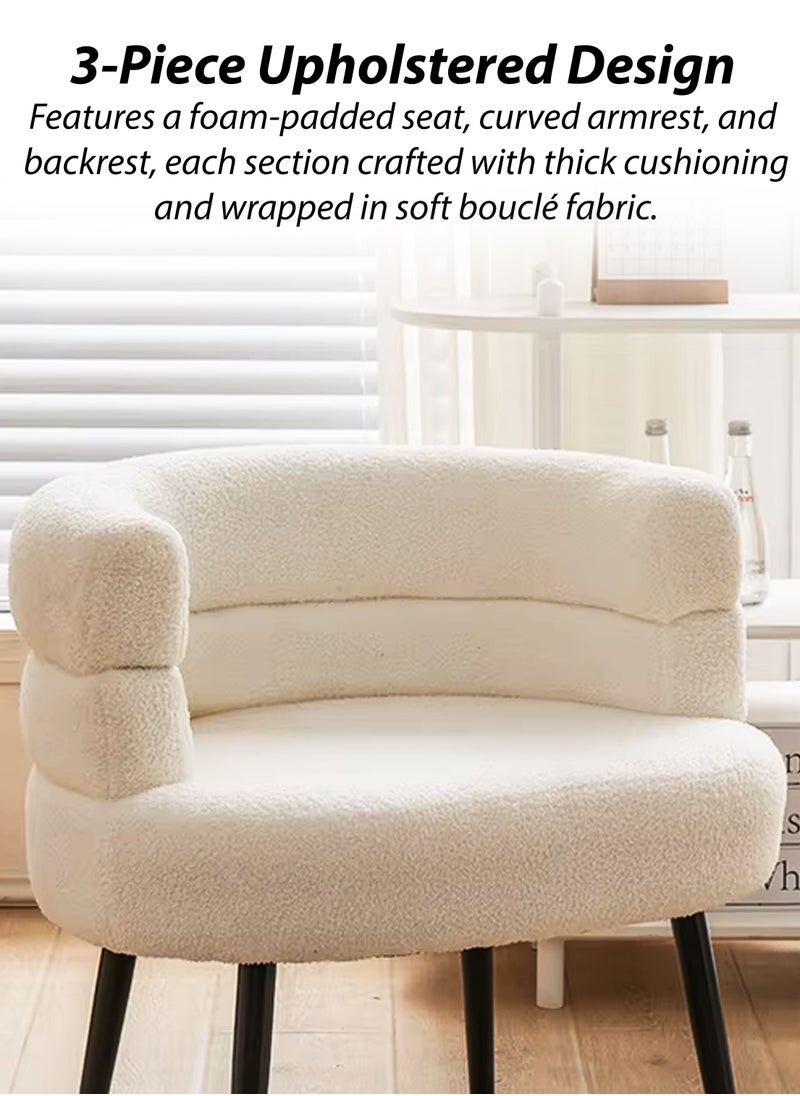 DBLEW - Modern Accent Chair Ergonomic Single Sofa Lounge Chair with Soft Foam Padding, Curved Backrest and Armrest, White Boucle Fabric Upholstery and Black Carbon Steel Legs Comfortable Vanity, Makeup Dressing, Living Room, Bedroom, Saloon Furniture, Home Office, Restaurant, Hotel Lobby, Café Reception Decoration Fluffy Side Corner Cozy Chair 150kg Capacity - Image 1