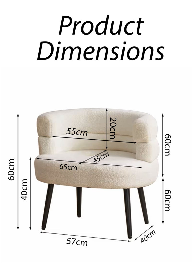 DBLEW - Modern Accent Chair Ergonomic Single Sofa Lounge Chair with Soft Foam Padding, Curved Backrest and Armrest, White Boucle Fabric Upholstery and Black Carbon Steel Legs Comfortable Vanity, Makeup Dressing, Living Room, Bedroom, Saloon Furniture, Home Office, Restaurant, Hotel Lobby, Café Reception Decoration Fluffy Side Corner Cozy Chair 150kg Capacity - Image 1