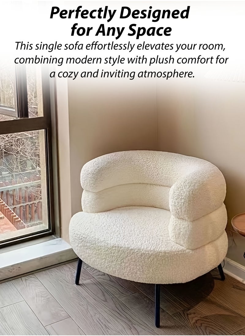DBLEW - Modern Accent Chair Ergonomic Single Sofa Lounge Chair with Soft Foam Padding, Curved Backrest and Armrest, White Boucle Fabric Upholstery and Black Carbon Steel Legs Comfortable Vanity, Makeup Dressing, Living Room, Bedroom, Saloon Furniture, Home Office, Restaurant, Hotel Lobby, Café Reception Decoration Fluffy Side Corner Cozy Chair 150kg Capacity - Image 1