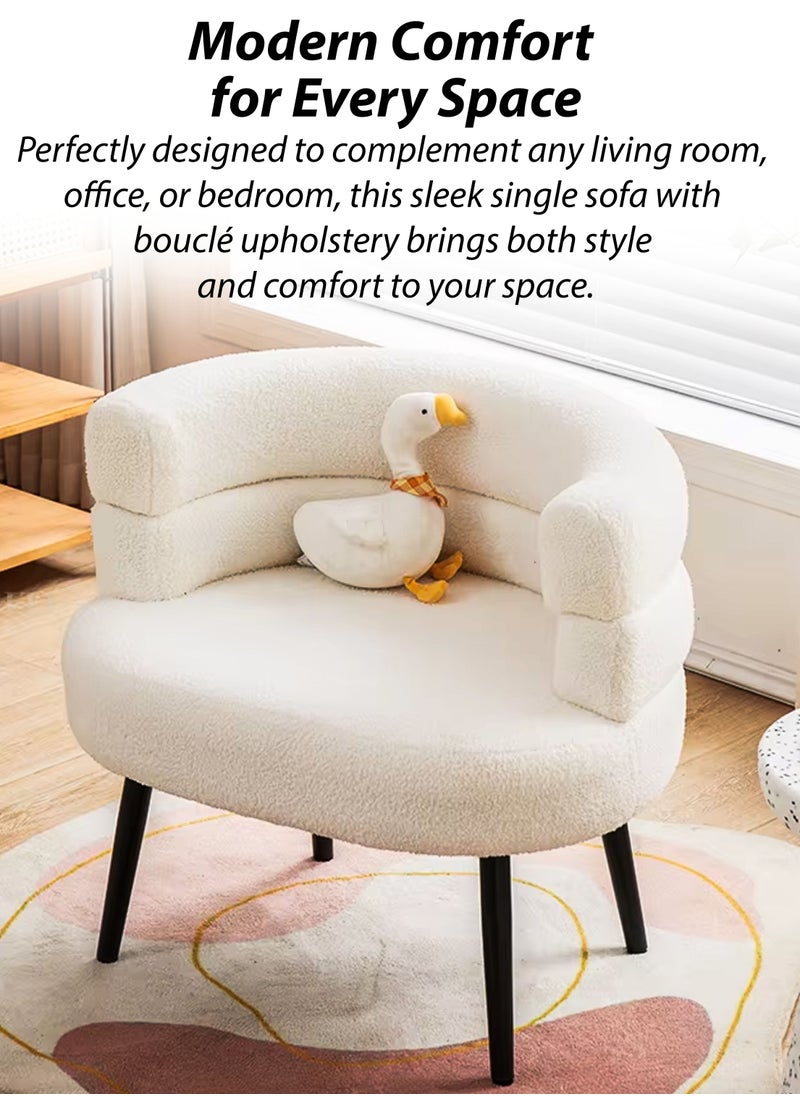 DBLEW - Modern Accent Chair Ergonomic Single Sofa Lounge Chair with Soft Foam Padding, Curved Backrest and Armrest, White Boucle Fabric Upholstery and Black Carbon Steel Legs Comfortable Vanity, Makeup Dressing, Living Room, Bedroom, Saloon Furniture, Home Office, Restaurant, Hotel Lobby, Café Reception Decoration Fluffy Side Corner Cozy Chair 150kg Capacity - Image 1