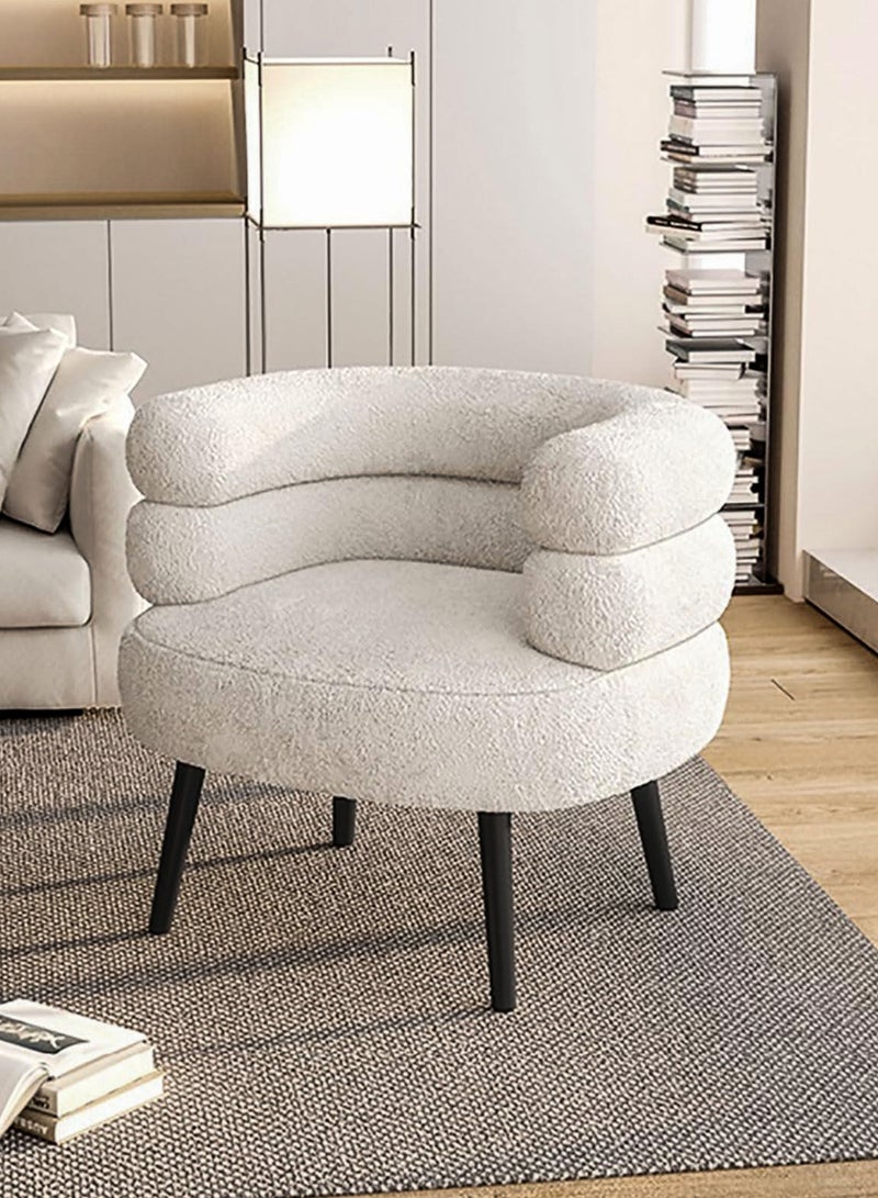 دي بلو كرسي مريح للأريكة الفردية مع حشوة إسفنجية ناعمة، مسند ظهر منحني ومسند للذراعين، تنجيد من نسيج بوكل الأبيض وأرجل من الفولاذ الكربوني الأسود، زينة مريحة، تزيين المكياج، غرفة المعيشة، غرفة النوم، أثاث الصالون، المكتب المنزلي، المطعم، ردهة الفندق، ديكور استقبال المقهى، كرسي مريح بزاوية جانبية منفوشة بسعة 150 كجم - Image 1