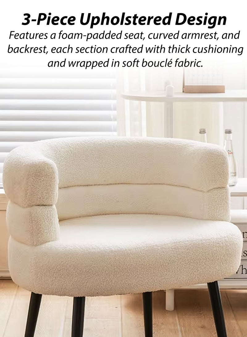 دي بلو كرسي مريح للأريكة الفردية مع حشوة إسفنجية ناعمة، مسند ظهر منحني ومسند للذراعين، تنجيد من نسيج بوكل الأبيض وأرجل من الفولاذ الكربوني الأسود، زينة مريحة، تزيين المكياج، غرفة المعيشة، غرفة النوم، أثاث الصالون، المكتب المنزلي، المطعم، ردهة الفندق، ديكور استقبال المقهى، كرسي مريح بزاوية جانبية منفوشة بسعة 150 كجم - Image 5