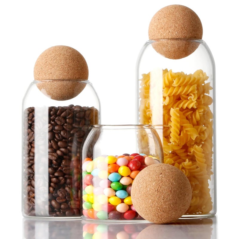 NUTRIUPS Storage Glass Jar with Ball Cork Lid, 3Pcs Glass Canisters with Cork Ball, Cute Decorative Round Glass Jars with Wood Ball Lid 500 ML/17Oz,800ML/27Oz,1200ML/41Oz - Image 1
