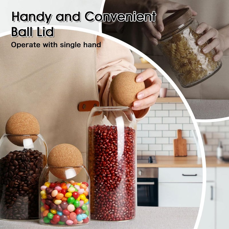 NUTRIUPS Storage Glass Jar with Ball Cork Lid, 3Pcs Glass Canisters with Cork Ball, Cute Decorative Round Glass Jars with Wood Ball Lid 500 ML/17Oz,800ML/27Oz,1200ML/41Oz - Image 3