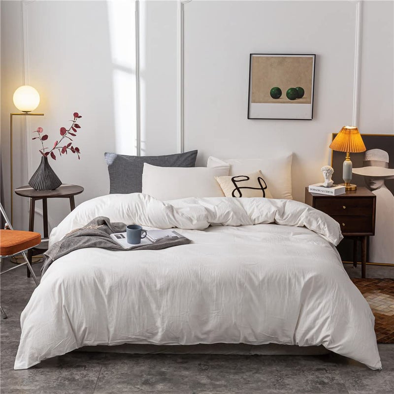 Janlive Washed Cotton Duvet Cover Queen Ultra Soft 100 Cotton Solid Color White Duvet Cover Set with Zipper Closure 3 Pieces White Queen