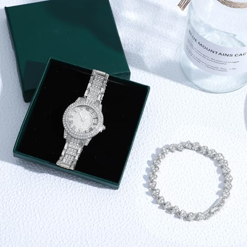 NEWITIN 2 Pieces Women Diamond Watch Bracelet Set Luxury Fashion Jewelry Cubic Zirconia Wristwatch Bracelet Silver Watch Jewelry Set for Women - Image 3