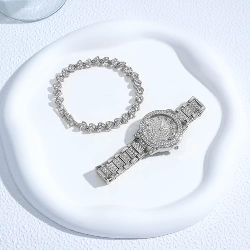 NEWITIN 2 Pieces Women Diamond Watch Bracelet Set Luxury Fashion Jewelry Cubic Zirconia Wristwatch Bracelet Silver Watch Jewelry Set for Women - Image 4