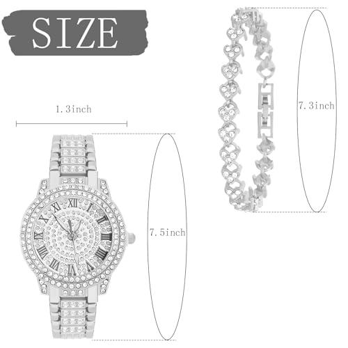 NEWITIN 2 Pieces Women Diamond Watch Bracelet Set Luxury Fashion Jewelry Cubic Zirconia Wristwatch Bracelet Silver Watch Jewelry Set for Women - Image 2