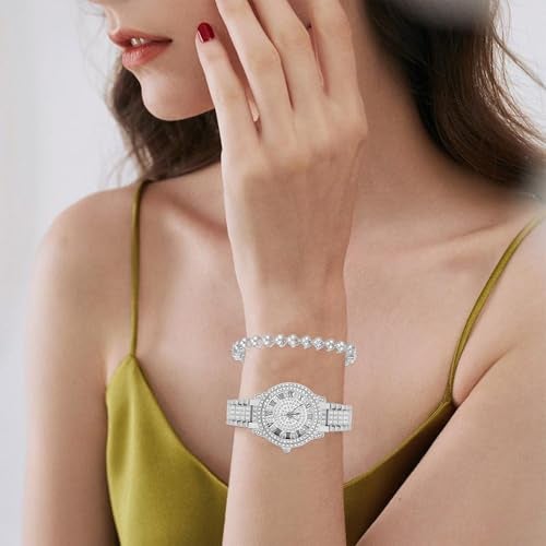 NEWITIN 2 Pieces Women Diamond Watch Bracelet Set Luxury Fashion Jewelry Cubic Zirconia Wristwatch Bracelet Silver Watch Jewelry Set for Women - Image 5