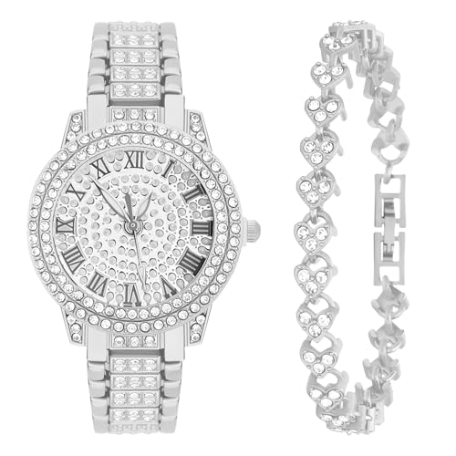 NEWITIN 2 Pieces Women Diamond Watch Bracelet Set Luxury Fashion Jewelry Cubic Zirconia Wristwatch Bracelet Silver Watch Jewelry Set for Women - Image 1