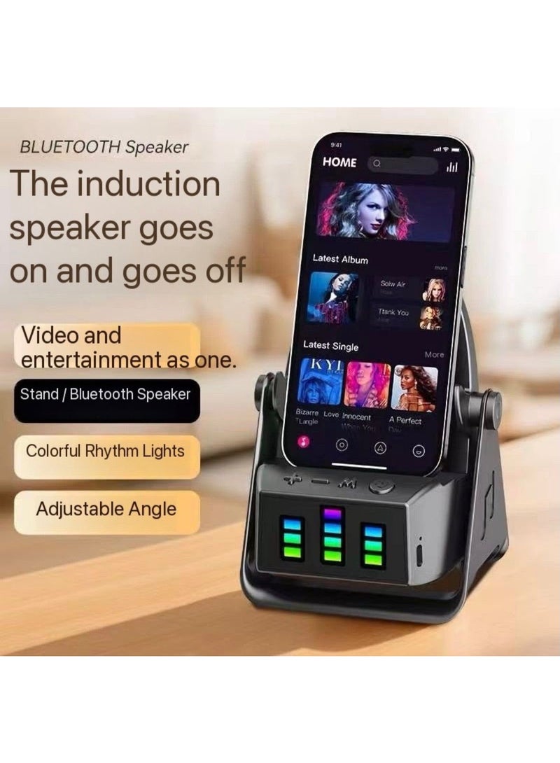 Multi-Functional Smartphone Holder with Bluetooth Speaker and LED Rhythm Lights, Adjustable Angle, Black - Image 2