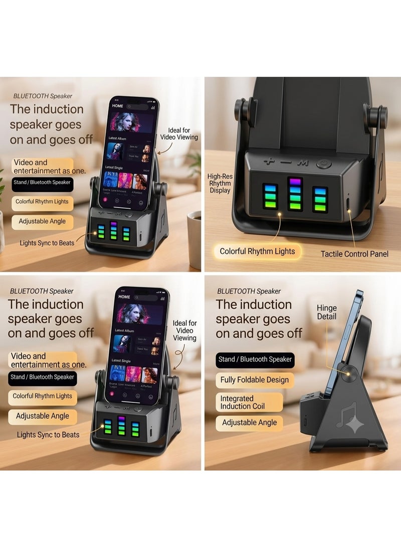 Multi-Functional Smartphone Holder with Bluetooth Speaker and LED Rhythm Lights, Adjustable Angle, Black - Image 1