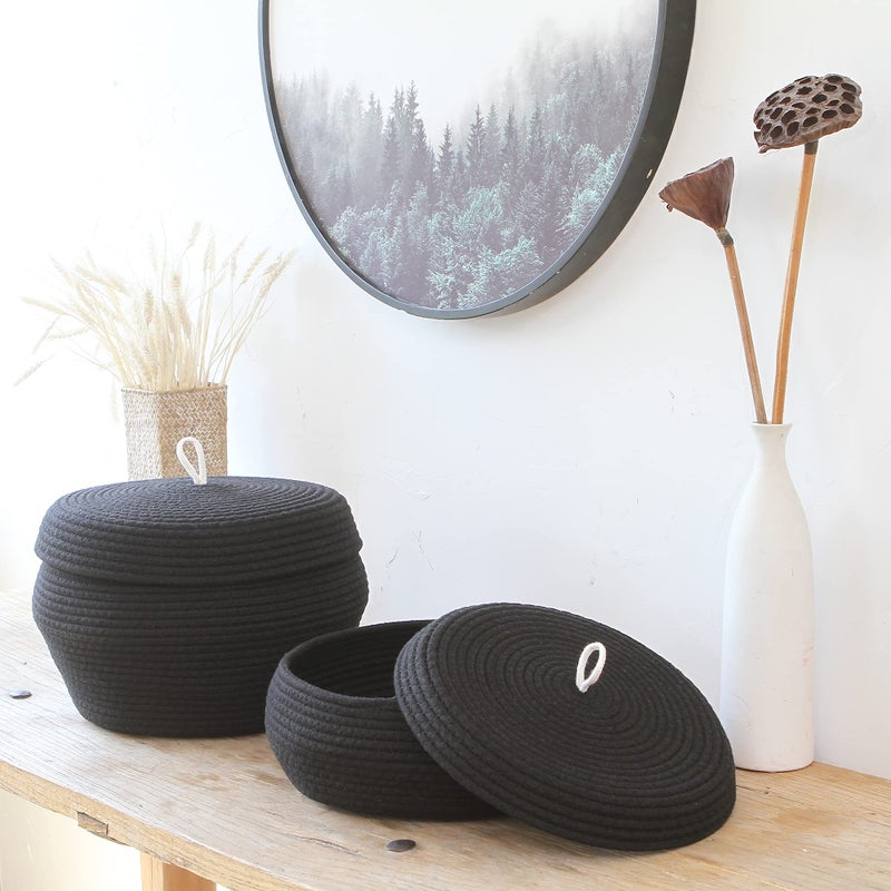 Sea Team Round Cotton Rope Storage Basket with Lid, Decorative Woven Storage Bin, Pot, Caddy, Organizer, Container for Snacks, Towels, Plants, 13 x 5.5 Inches (Large, Shallow, Black) - Image 2