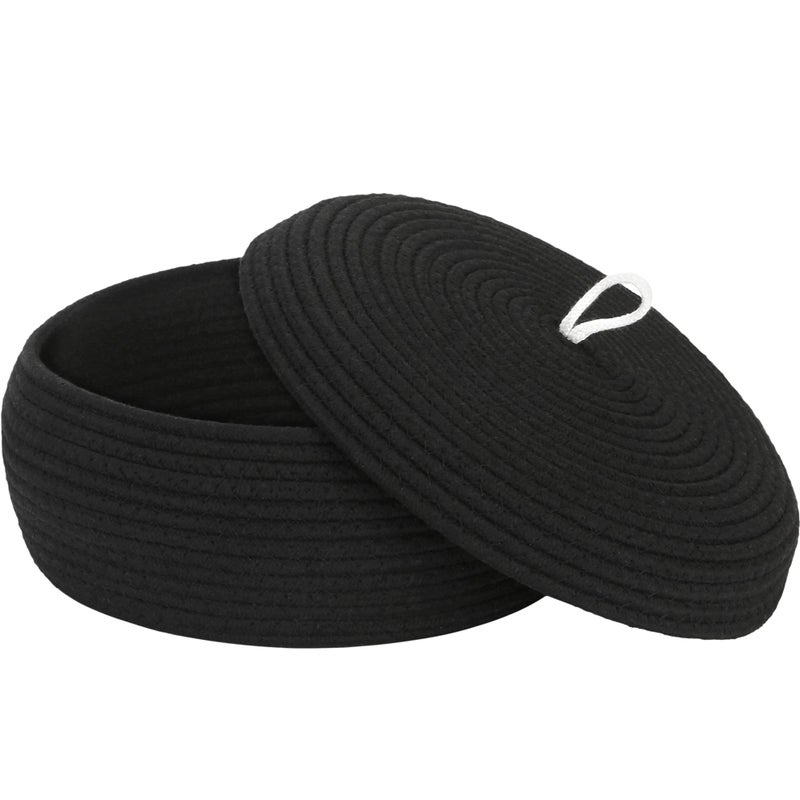 Sea Team Round Cotton Rope Storage Basket with Lid, Decorative Woven Storage Bin, Pot, Caddy, Organizer, Container for Snacks, Towels, Plants, 13 x 5.5 Inches (Large, Shallow, Black) - Image 1