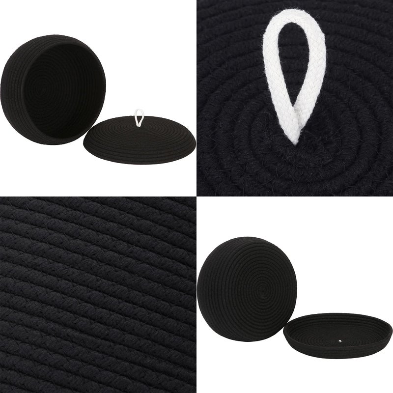 Sea Team Round Cotton Rope Storage Basket with Lid, Decorative Woven Storage Bin, Pot, Caddy, Organizer, Container for Snacks, Towels, Plants, 13 x 5.5 Inches (Large, Shallow, Black) - Image 5