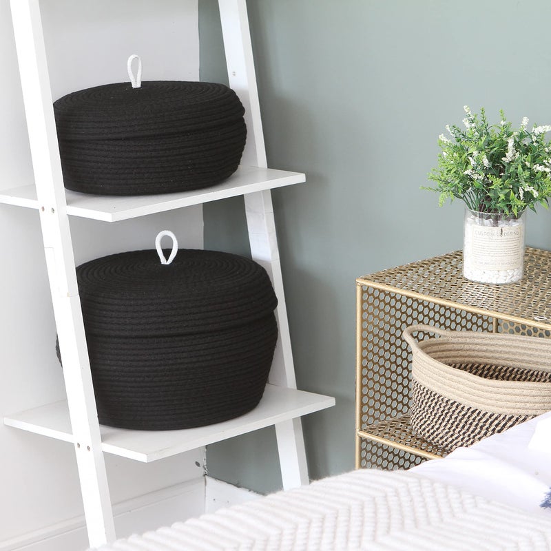 Sea Team Round Cotton Rope Storage Basket with Lid, Decorative Woven Storage Bin, Pot, Caddy, Organizer, Container for Snacks, Towels, Plants, 13 x 5.5 Inches (Large, Shallow, Black) - Image 3