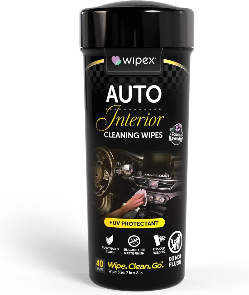Wipex Auto Interior Car Cleaning Wipes - Plant Based Car Wipes - Lavender Essence, Safe for Vinyl, Rubber, Plastic, Leather, Chrome, Non-Greasy Matte Finish, UV Protectant, 40Ct Car Detailing Supplies - Image 1