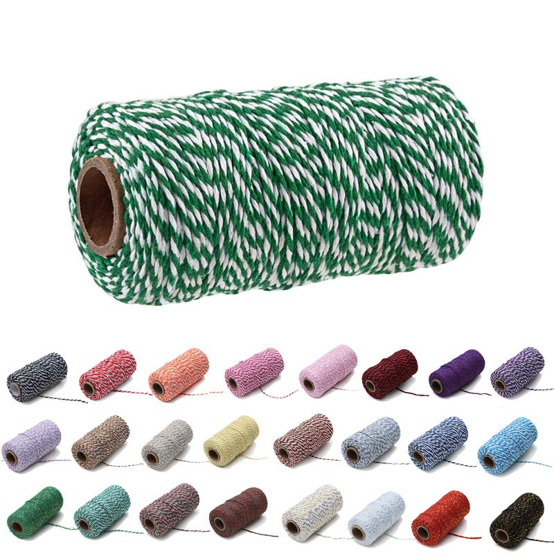 Eqarp 1 Roll 2Mm 109 Yard Colourful Cotton Cord Bakers Twine Diy Crafts Gift Wrapping Christmas Wedding Home Decor String Rope (Green+White) - Image 1