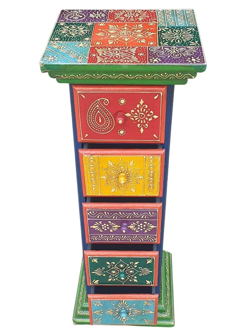 QUESERA Rajasthani CHEST OF DRAWERS/Handcrafted Decorative Fancy Handmade Hand Painted Beautiful Traditional Attractive Multicolour Multiple Drawer Corner Cum Side Table (5 drawer)