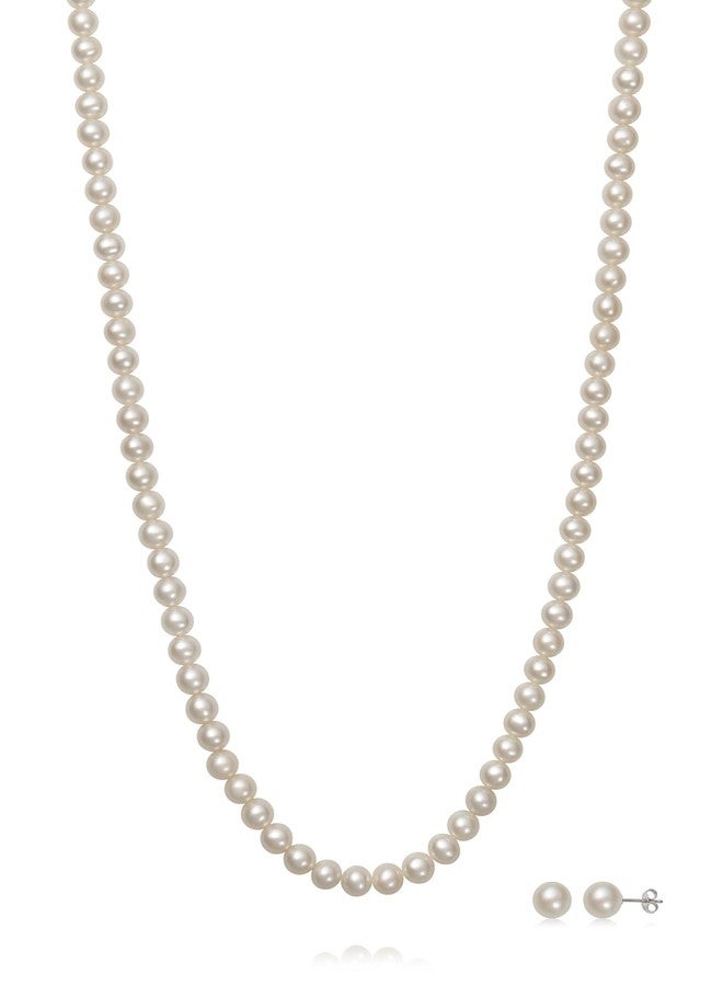 Belacqua Freshwater Pearl Necklace and Stud Earrings Set for Women - 5-6mm A Quality Pearls in Sterling Silver - Gift Jewelry Set - Image 1