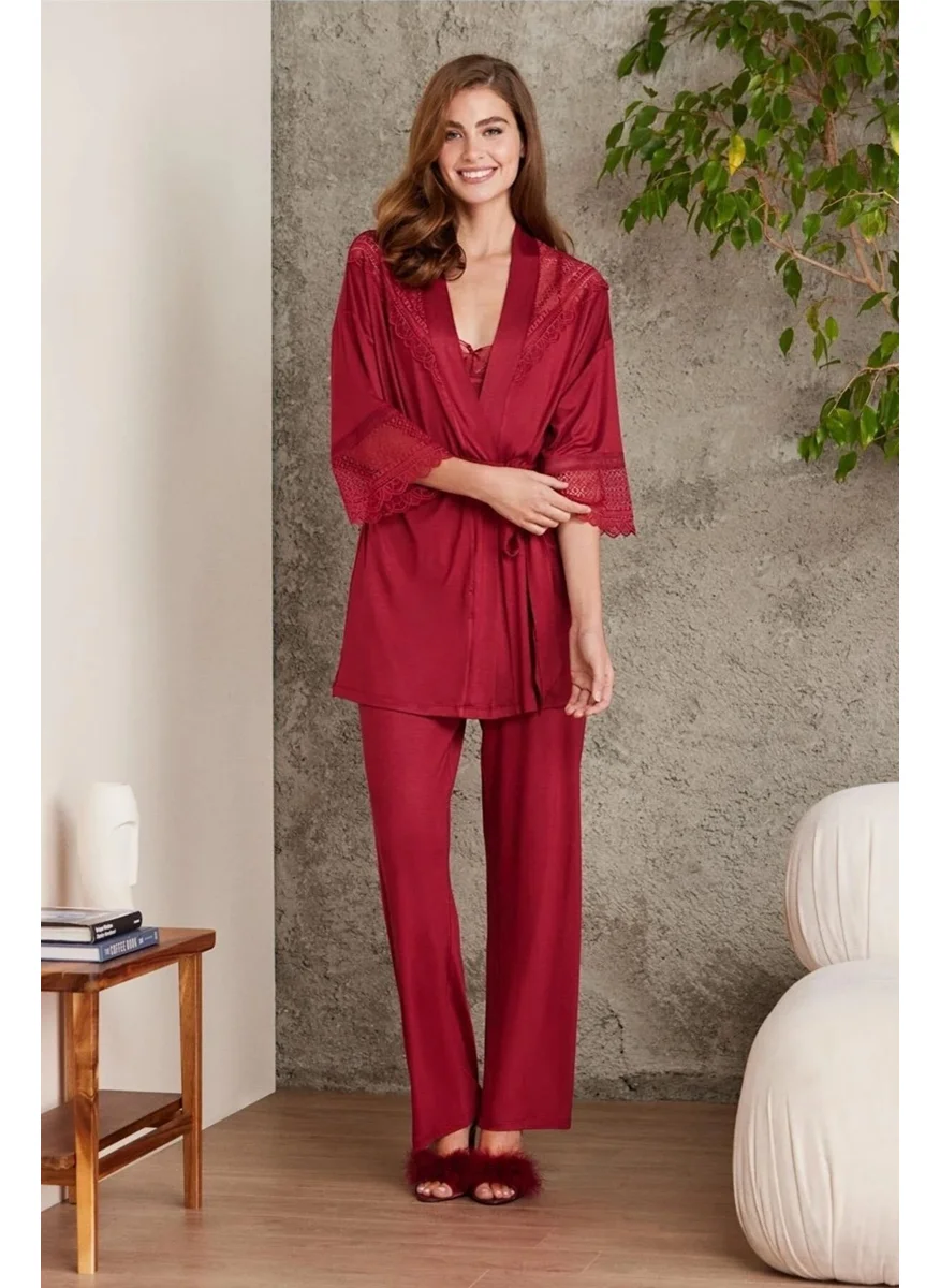 pierre cardin 2820 Claret Red Laced Combed Cotton 3-Piece Women's Shorts Pajama Set