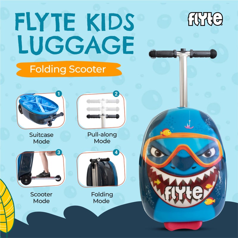 FLYTE Scooter Suitcase Folding Kids Luggage â€“ Stormy the Shark, 18 Inch Hardshell, Ride On with Wheels, 2-in-1, 25 Litre Capacity - Image 2